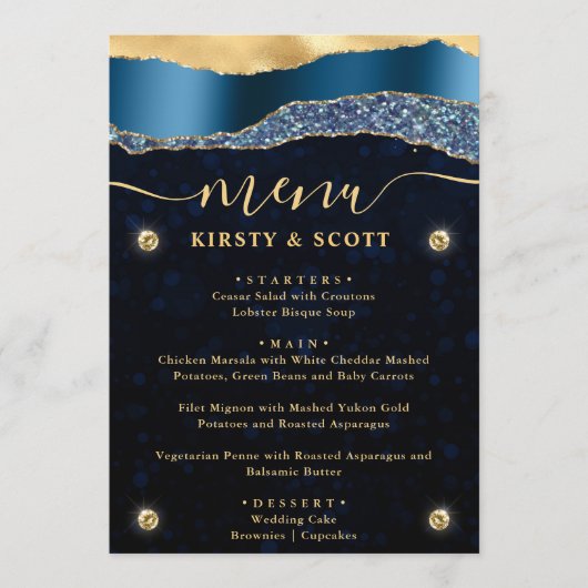 Blauw en Goud Glam Tranen Bokeh Bruiloft Menu (Voorkant)