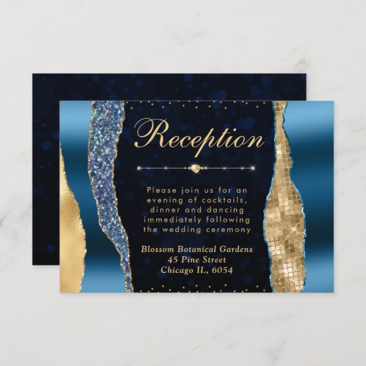 Blauw en Goud Glam Tranen Bokeh Wedding Informatiekaartje (Voorkant / Achterkant)