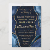 Blauw en goud glinsterend agaat & marmeren bruilof kaart (Voorkant)