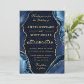 Blauw en goud glinsterend agaat & marmeren bruilof kaart (Staand voorkant)