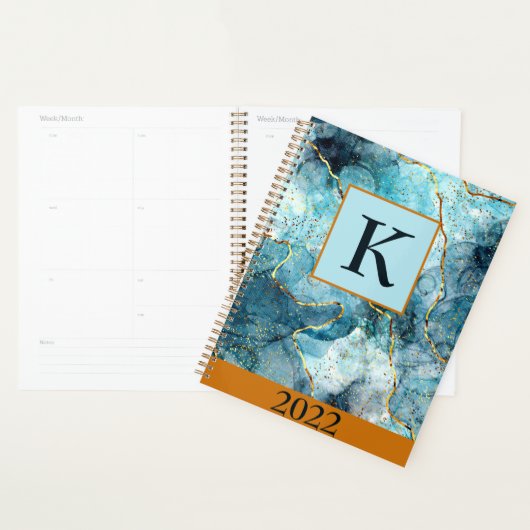 Blauw en goud glinsterend marmeren monogram, aange planner (Display)