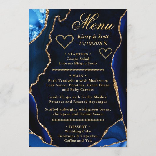 Blauw en goud glinsterende agaat marmeren bruiloft menu (Voorkant)