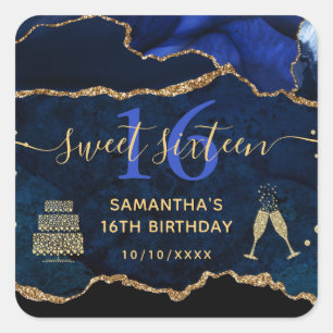 Blauw en goud glinsterende agaatmarmer Sweet 16 Vierkante Sticker