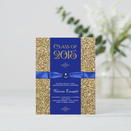 Blauw en Goud Glitter Afstudeeraankondigingen Kaart (Staand voorkant)