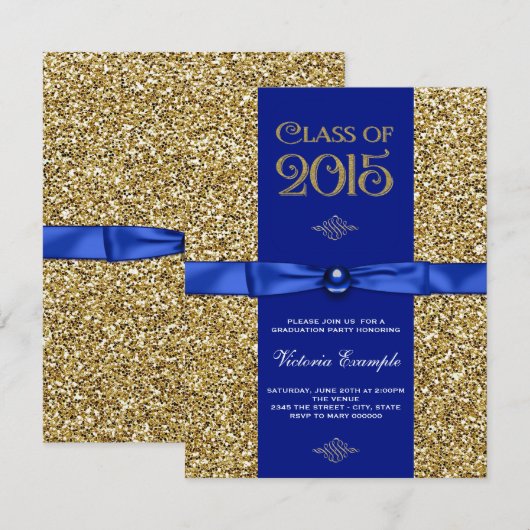 Blauw en Goud Glitter Afstudeeraankondigingen Kaart (Voorkant / Achterkant)