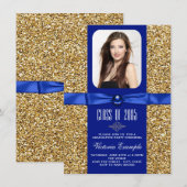Blauw en Goud Glitter Afstudeeraankondigingen Kaart (Voorkant / Achterkant)