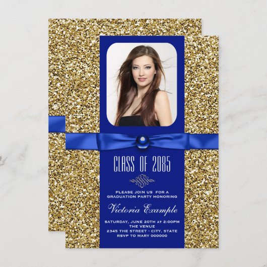 Blauw en Goud Glitter Afstudeeraankondigingen Kaart (Voorkant / Achterkant)