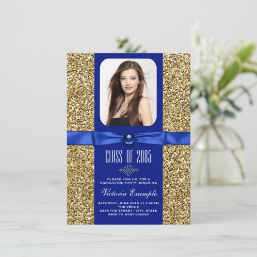 Blauw en Goud Glitter Afstudeeraankondigingen Kaart (Staand voorkant)