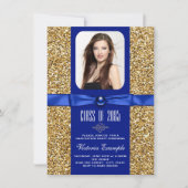 Blauw en Goud Glitter Afstudeeraankondigingen Kaart (Voorkant)
