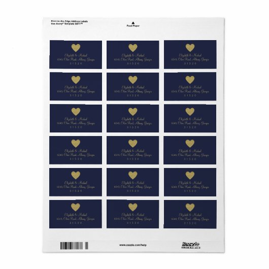 Blauw en Goud Glitter Heart Address Label (Full Sheet)