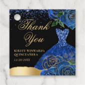 Blauw en Goud Glitter Jurk Glam Rozen Quinceanera Bedankjes Labels (Voorkant)