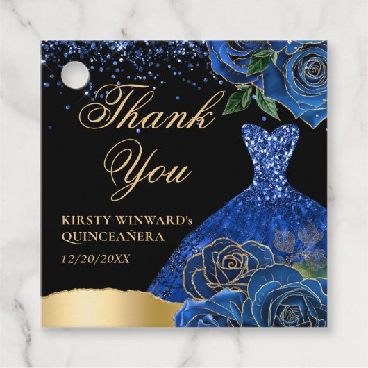 Blauw en Goud Glitter Jurk Glam Rozen Quinceanera Bedankjes Labels (Voorkant)