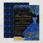 Blauw en Goud Glitter Jurk Glam Rozen Sweet 16 Kaart (Voorkant / Achterkant)