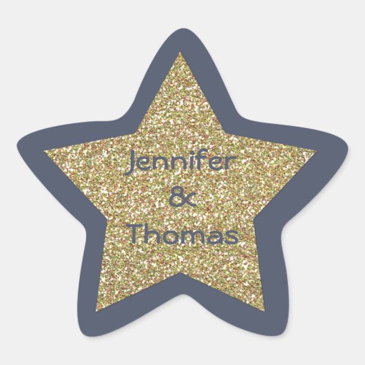 Blauw en Goud Glitter Look Star Bruiloft Sticker (Voorkant)