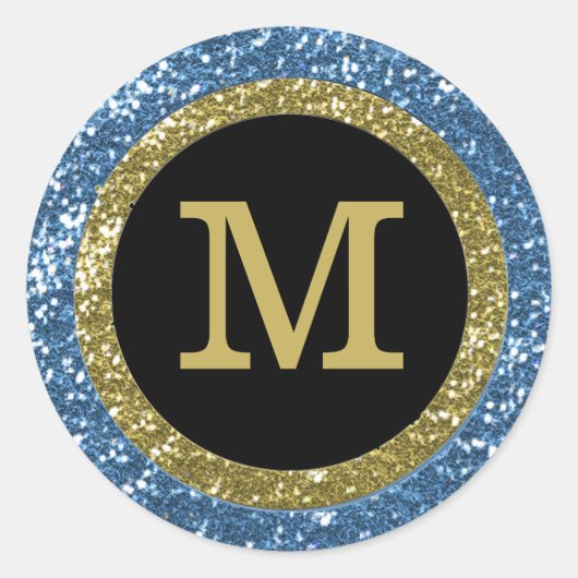 Blauw en goud glitter monogram ronde sticker (Voorkant)