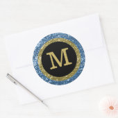Blauw en goud glitter monogram ronde sticker (Envelop)