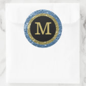 Blauw en goud glitter monogram ronde sticker (Tas)