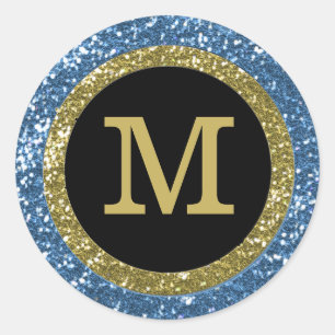 Blauw en goud glitter monogram ronde sticker