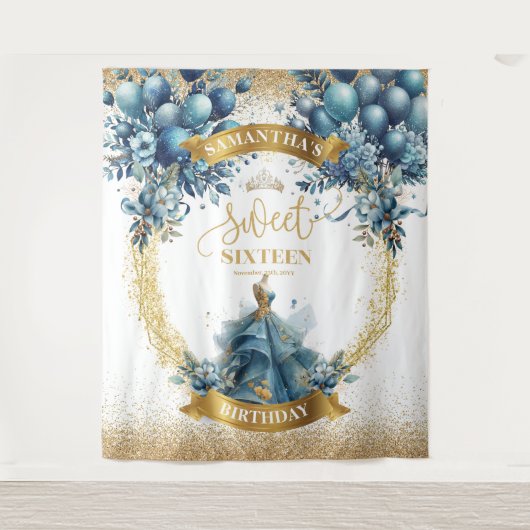 Blauw en Goud Glitter Sweet 16 Party Achtergrond Wandkleed (Voorkant)