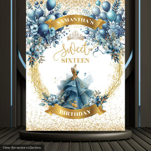 Blauw en Goud Glitter Sweet 16 Party Achtergrond Wandkleed