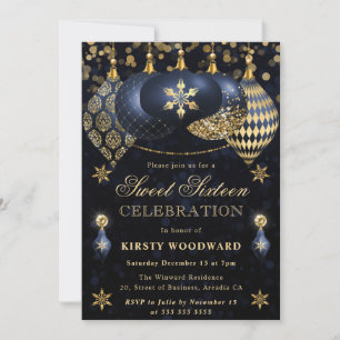 Blauw en goud glittersfeer Sweet Sixteen Kaart
