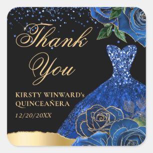 Blauw en goud glittersjurk Glamrozen Quinceanera Vierkante Sticker