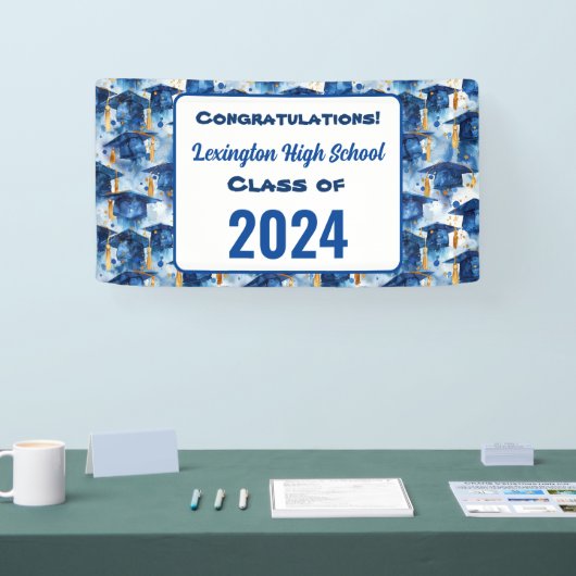 Blauw en Goud Graduation Cap Custom Party Banner (Beurs)