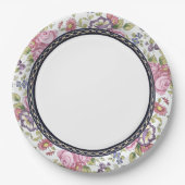 Blauw en Goud Grens Roze Bloemen Tuin Tea Party Papieren Bordje (Voorkant)