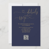 Blauw en Goud Hart Script QR Code Trouwfeest Kaart (Achterkant)
