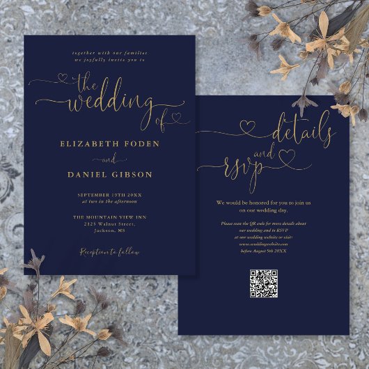 Blauw en Goud Hart Script QR Code Trouwfeest Kaart