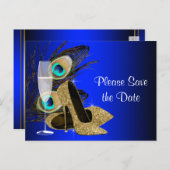 Blauw en Goud High Heel Shoe Peacock Save The Date Aankondigingskaart (Voorkant / Achterkant)