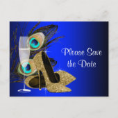 Blauw en Goud High Heel Shoe Peacock Save The Date Aankondigingskaart (Voorkant)