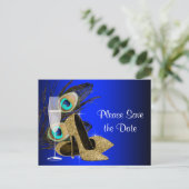 Blauw en Goud High Heel Shoe Peacock Save The Date Aankondigingskaart (Staand voorkant)