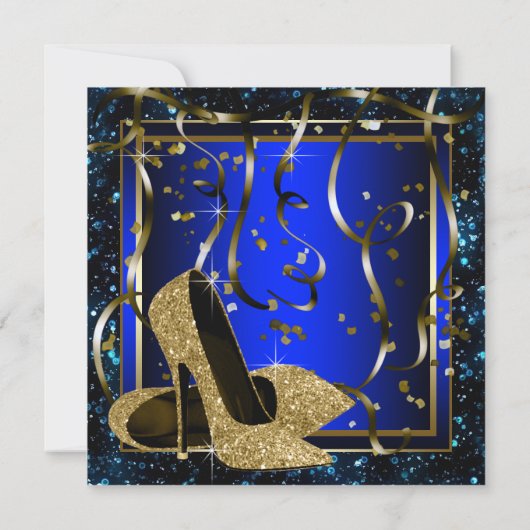Blauw en Goud High Heels Verjaardagsfeest Kaart (Achterkant)