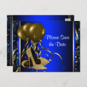 Blauw en Goud Hoge Hak Schoen Save The Date Aankondigingskaart (Voorkant / Achterkant)