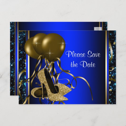 Blauw en Goud Hoge Hak Schoen Save The Date Aankondigingskaart (Voorkant / Achterkant)