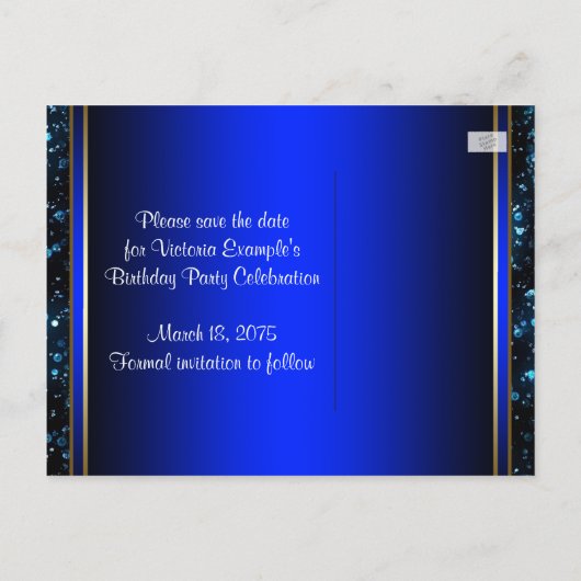 Blauw en Goud Hoge Hak Schoen Save The Date Aankondigingskaart (Achterkant)