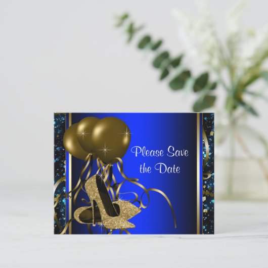 Blauw en Goud Hoge Hak Schoen Save The Date Aankondigingskaart (Staand voorkant)