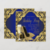Blauw en goud hoge hakken champagne verjaardagsfee kaart (Voorkant / Achterkant)