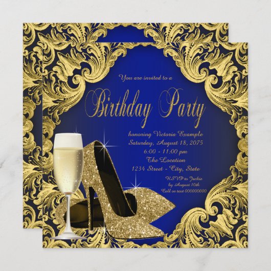 Blauw en goud hoge hakken champagne verjaardagsfee kaart (Voorkant / Achterkant)
