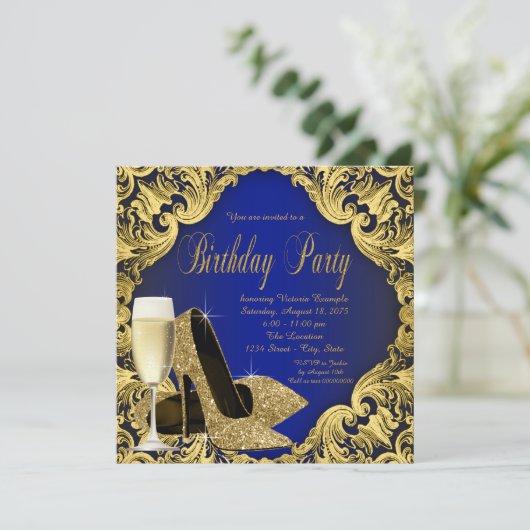 Blauw en goud hoge hakken champagne verjaardagsfee kaart (Staand voorkant)