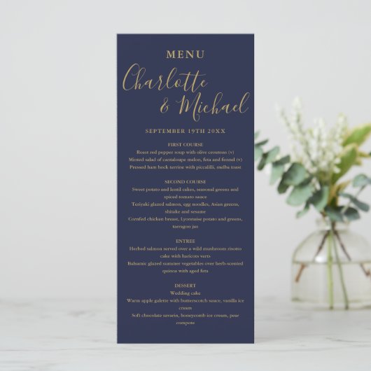 Blauw en goud huwelijksdiner met handtekening menu (Staand voorkant)