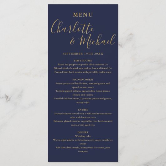 Blauw en goud huwelijksdiner met handtekening menu (Voorkant)