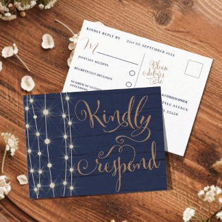 Blauw en goud huwelijksreactie RSVP Uitnodiging Briefkaart