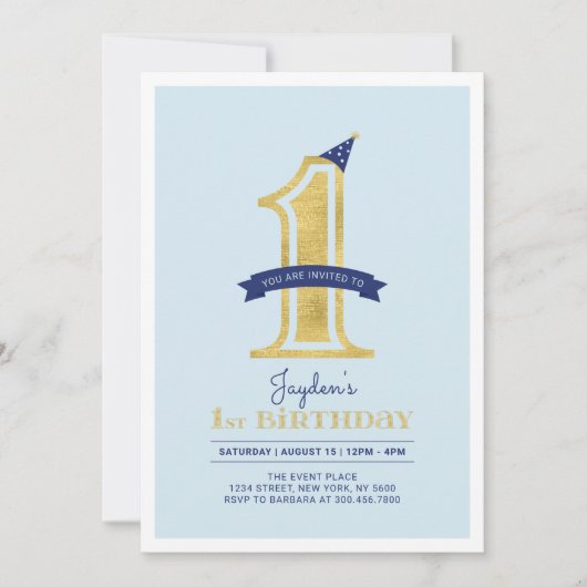 Blauw en goud | Jongen 1e verjaardag Kaart (Voorkant)