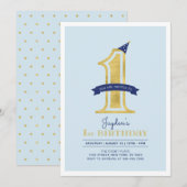 Blauw en goud | Jongen 1e verjaardag Kaart (Voorkant / Achterkant)