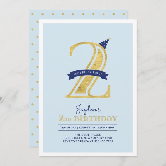 Blauw en goud | Jongen 2e verjaardag Kaart (Voorkant / Achterkant)