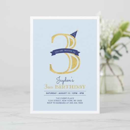 Blauw en goud | Jongen 3e verjaardag Kaart (Staand voorkant)