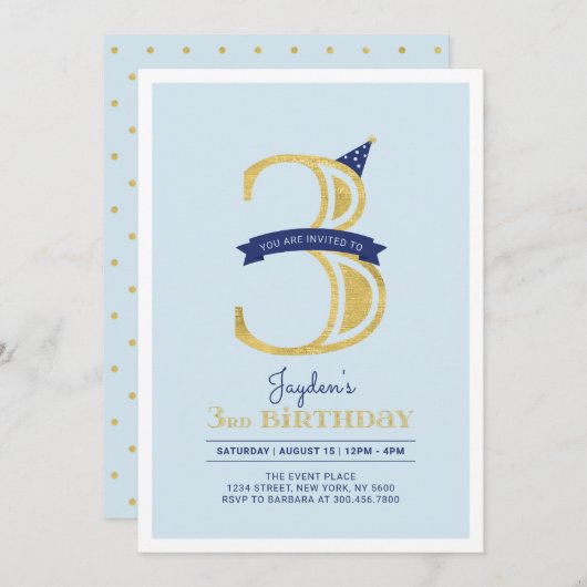 Blauw en goud | Jongen 3e verjaardag Kaart (Voorkant / Achterkant)