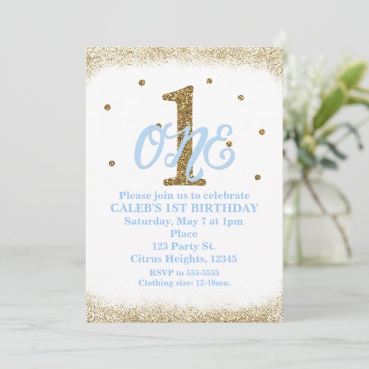 Blauw en Goud Jongens Eerste Verjaardag Feest Kaart (Staand voorkant)